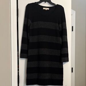 LOFT Striped Black and Gray Long Sleeve Dress